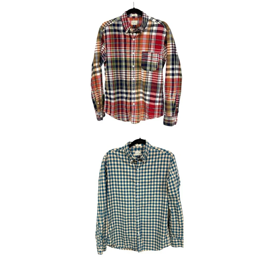 Pair of J. Crew Men's Shirts: Indian Madras, Checked Plaid, Size Medium Slim Fit